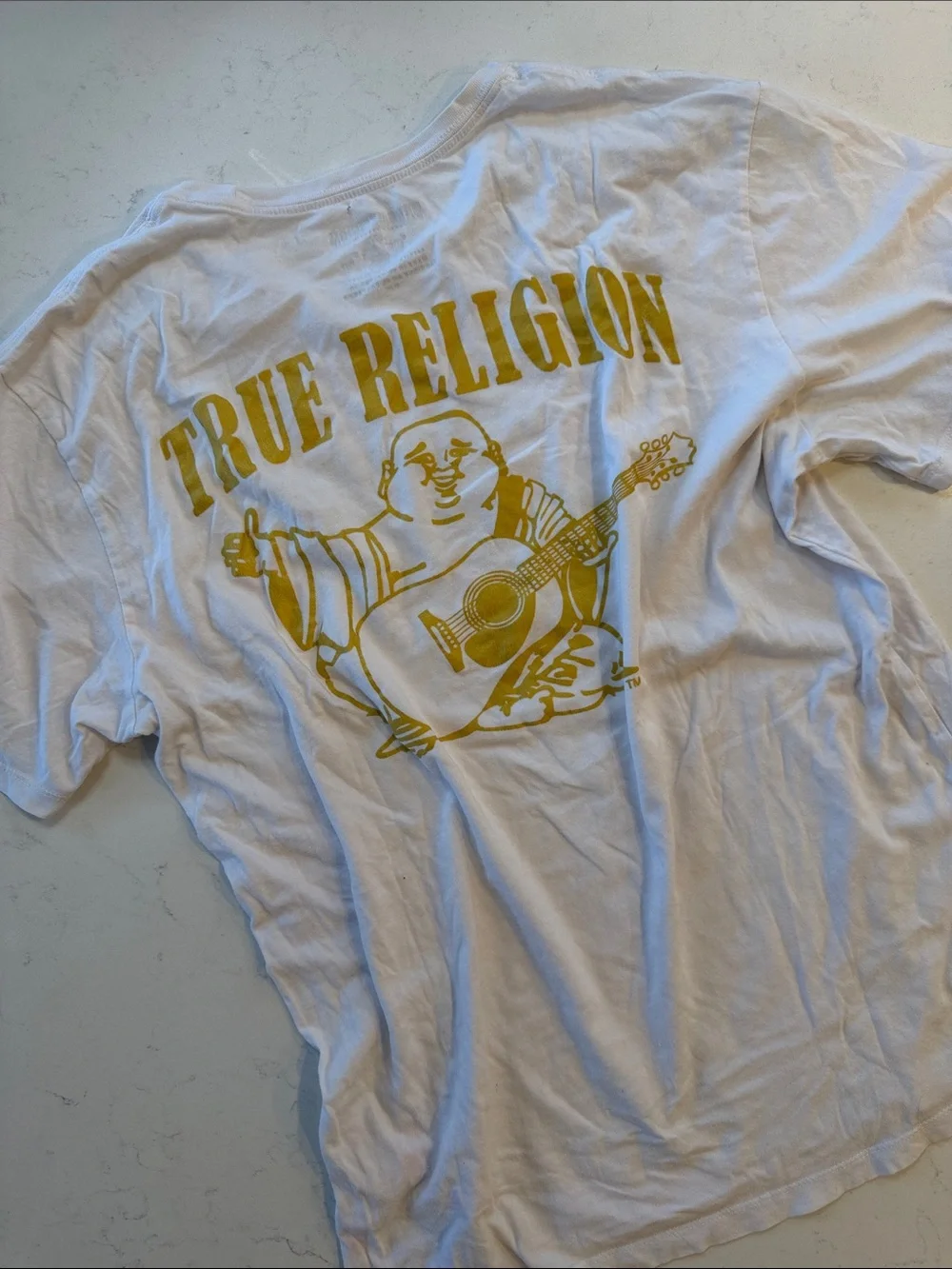 True Religion White Tee with Gold Buddha Graphic